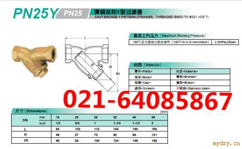 PN25Y青铜丝口Y型过滤器KITZ北泽_PN25Y丝口Y型过滤器